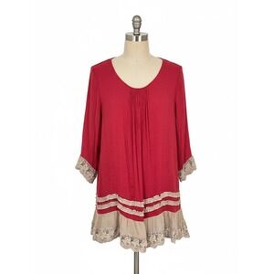 Honeyme Curvy Boho Lace Trim Ruffle Hem Tunic Top Red XL